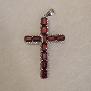 RARE Vintage Sterling Silver BBJ 925 Garnet Cross Pendant BEAUTIFUL 7g